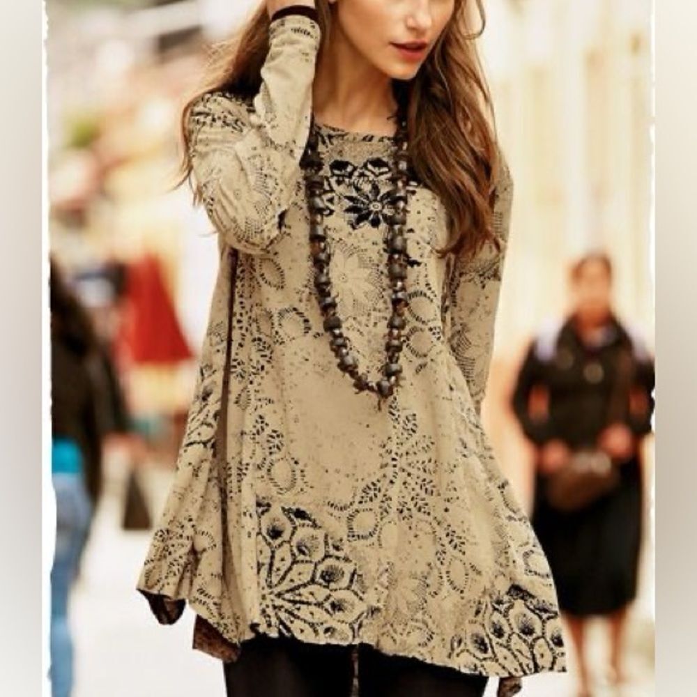 Peruvian Connection Tunic - Asymmetrical Medallion Print Long Sleeve Size XS